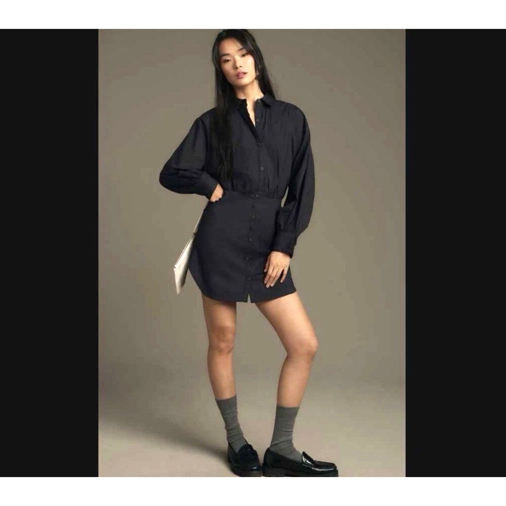 Anthropologie Maeve ShirtDress Black Cotton Poplin Long Sleeve Mini Cinched 1X